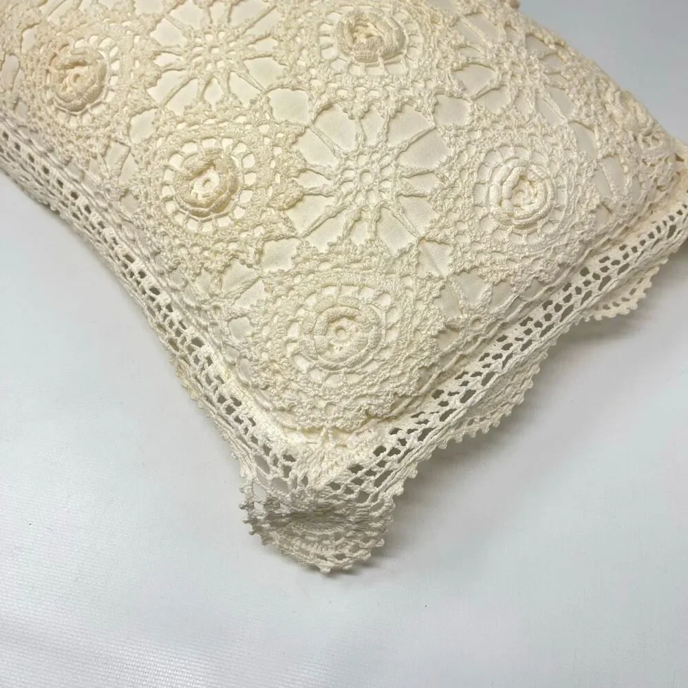 Vintage Hand Crochet Lace Throw Pillow Cover Cream Cotton Floral Boho 16x10